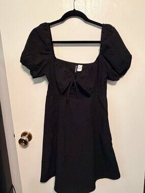 H&M Divided Black Puff Sleeve Cutout Mini Dress Small Tie Front Sweetheart